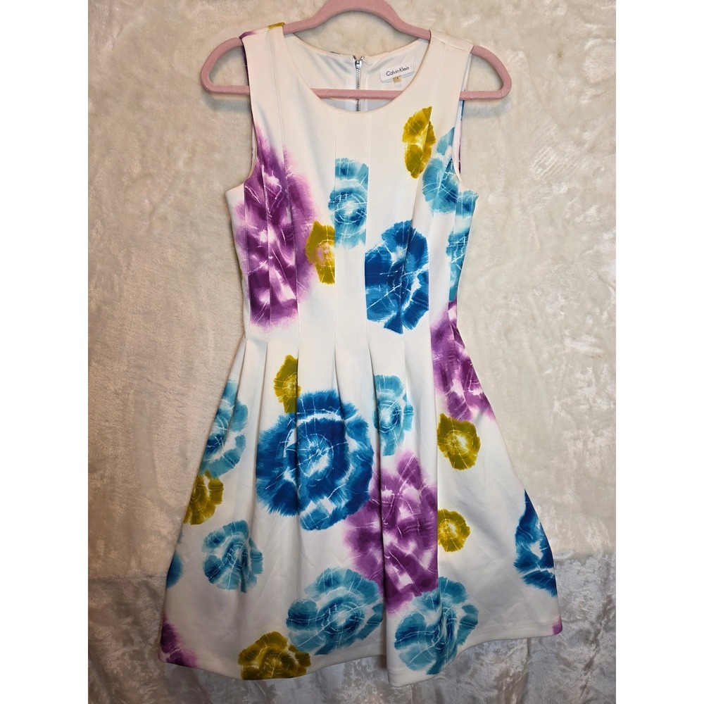 Calvin Klein Womens Floral Tie Dye Fit and Flare Dress White Purple Blue Size 4